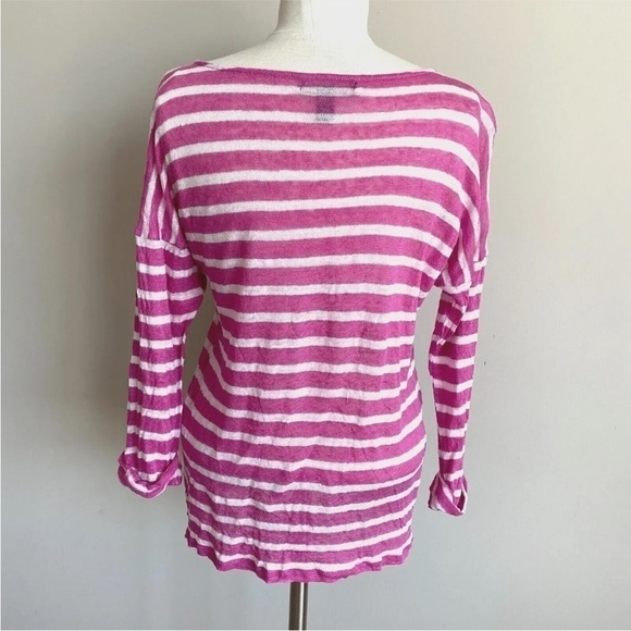Lauren Ralph Lauren 100% Linen Top Shirt Womens L Pink White Striped 3/4 Sleeve - Picture 2 of 8